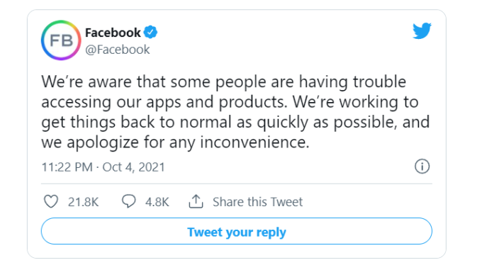 Thông báo lỗi của Facebook trên mạng xã hội Twitter.